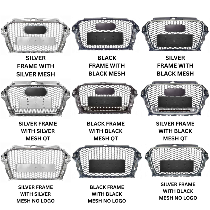 Car Craft Compatible With Audi A3 2014-2016 Upgraded Front Bumper Show Grill Rs3 S3 Rs Sport Style Silver Frame Silver Mesh All Logo Silver Quattro A3-006 Gc - CAR CRAFT INDIA
