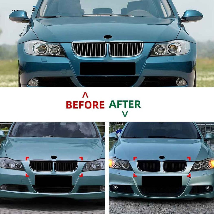 Car Craft Compatible With Bmw 3 Series E90 E91 Pre-facelift 2005-2008 Front Bumper Show Gril Glossy Black Single Line With Led Light