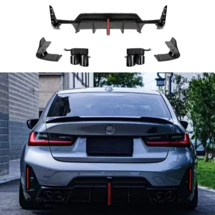 Car Craft Compatible With Bmw 3 Series G20 G28 Lci 2023+ M Sport Rear After Bumper Lip Splitter Skirts With Led Light Diffuser With Exhaust Pipe Tip Glossy Black - CAR CRAFT INDIA