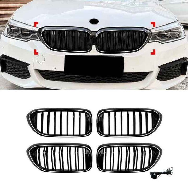 Car Craft Compatible With Bmw 5 Series G30 2017-2020 Front Bumper Show Mesh Grill Dual Line Bar Illuminated Led Light Zst-1463 Led Dual Glossy Black - CAR CRAFT INDIA