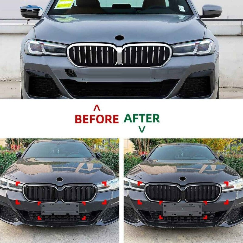 Car Craft Compatible With Bmw 5 Series G30 Lci 2021-2024 Front Bumper Show Mesh Grill Dual Line Bar Illuminated Led Light Zst-1464 Led Dual Glossy Black - CAR CRAFT INDIA