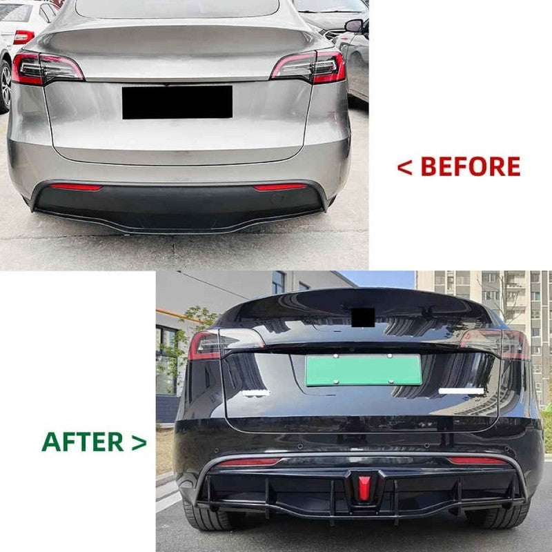 Car Craft Compatible With Tesla Modle Y 2017-2026 Rear After Bumper Lip Diffuser Skirt Trim F1 Led Light Style Carbon Fiber Look