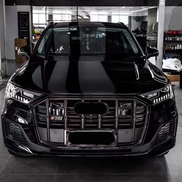 Car Craft Compatible With Audi Q7 2021-2023 Upgraded Front Bumper Show Grill Rsq7 Rs Sport With Acc Matte Black Frame Black Strip All Logo Silver License Plate Eu Version Q7-002 Gc