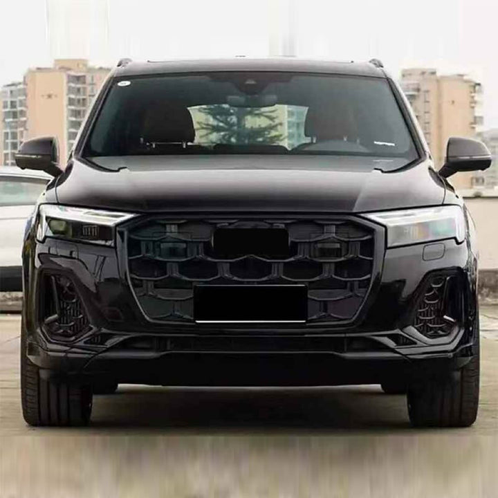 Car Craft Compatible With Audi Q7 2024+ Upgraded Front Bumper Show Grill Rsq7 Rs Sport With Acc Glossy Black Frame Black Strip All Logo Silver License Plate Eu Version Q7-009 Gc