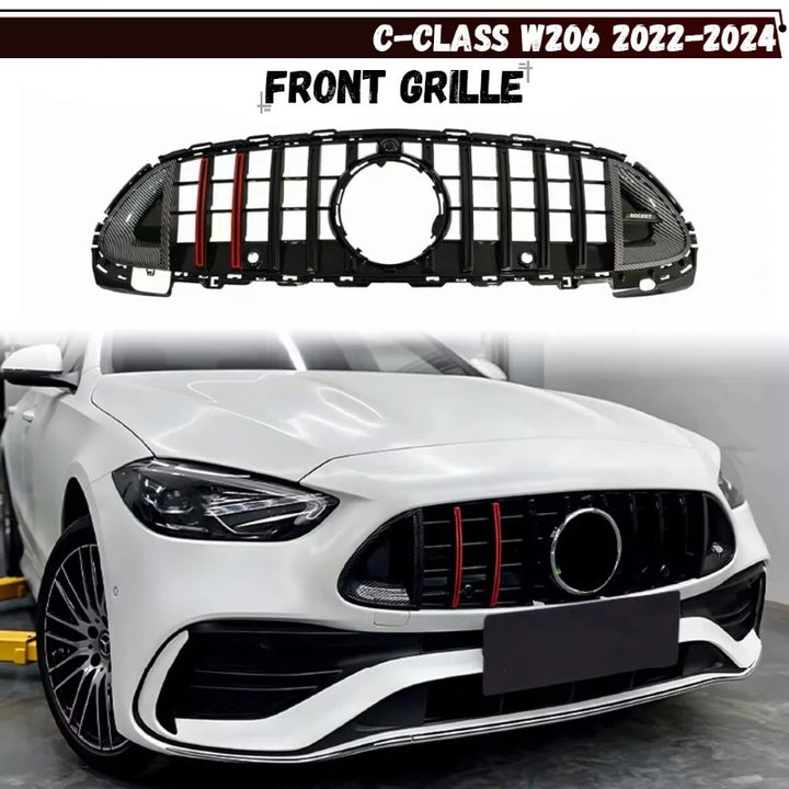 Car Craft Compatible With Mercedes Benz C Class W206 2021-2025 Amg Front Bumper Show Grill Brabus Bbs Style Carbon Fiber Look Red - CAR CRAFT INDIA
