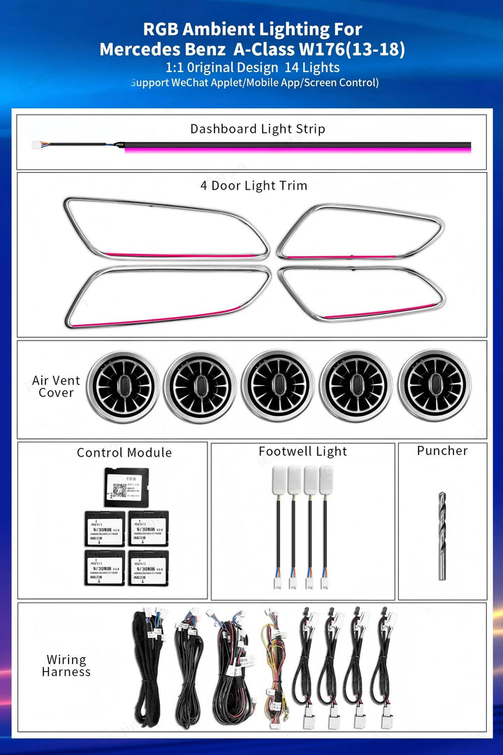 Car Craft Compatible With Mercedes Benz A Class W176 B Class W246 Cla W117 Gla W156 Class 2013-2018 Ambient Ambiance Led Light Vents Speaker Decorative Interior Kit Atmosphere Lamp Air Ac Vent Turbine Mp 22 In 1 Set
