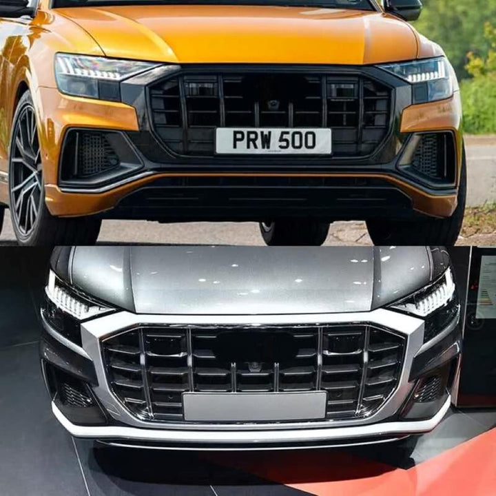 Car Craft Compatible With Audi Q8 2019-2023 Rsq8 Upgraded Front Bumper Show Grill Q8 Rsq8 Rs Sport Style With Acc Silver Frame Black Mesh All Logo Silver Q8-004 Gc - CAR CRAFT INDIA