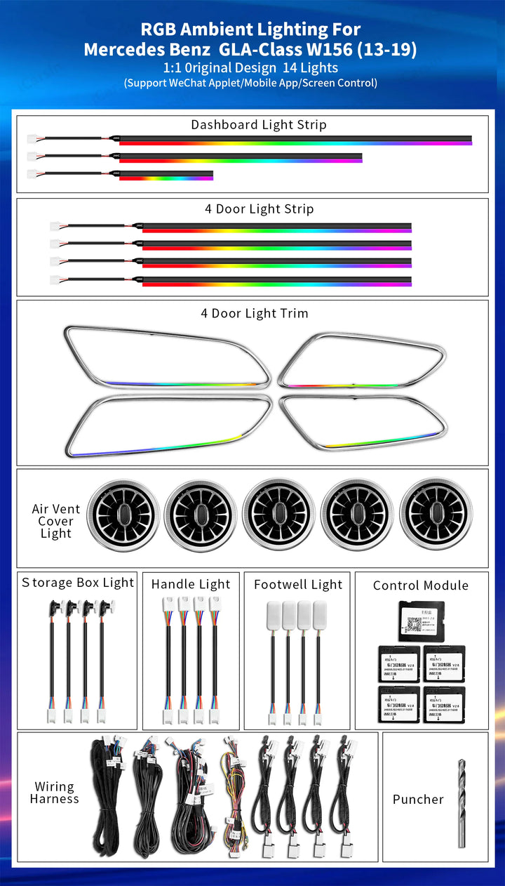 Car Craft Compatible With Mercedes Benz A Class W176 B Class W246 Cla W117 Gla W156 Class 2013-2018 Ambient Ambiance Led Light Vents Speaker Decorative Interior Kit Atmosphere Lamp Air Ac Vent Turbine 28 In 1 Set Symphony