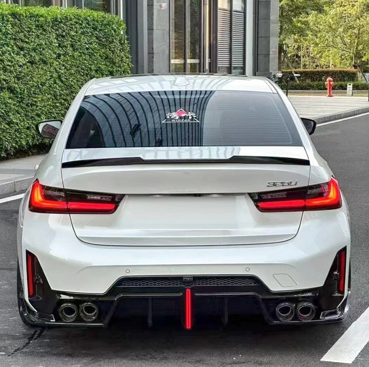 Car Craft Compatible With Bmw 3 Series G20 Lci 2023+ M Sport Rear Bumper Diffuser After Lip Splitter Skirs Vten Style With Light Carbon Fiber Look