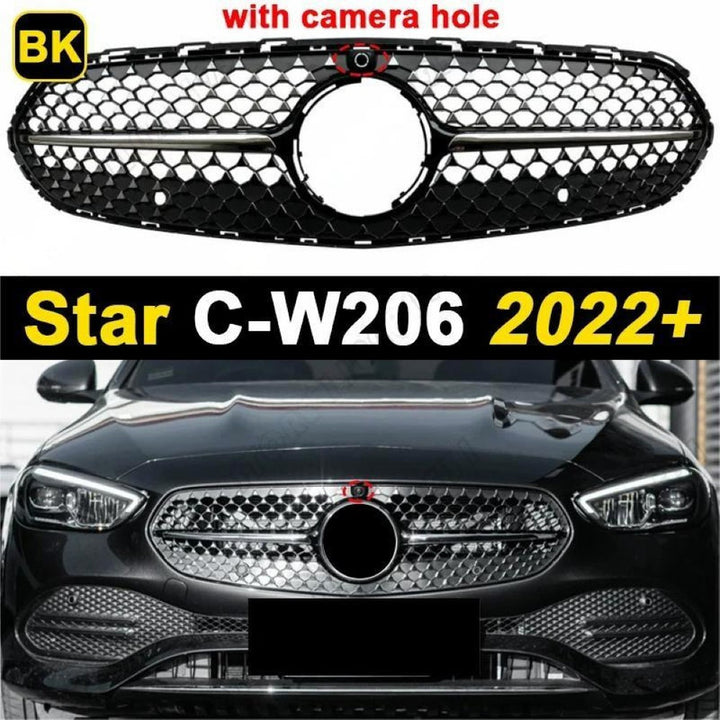 Car Craft Compatible With Mercedes Benz C Class W206 C206 2023 Upgraded Front Bumper Racing Mesh Show Grille With Camera Hole Diamond Black