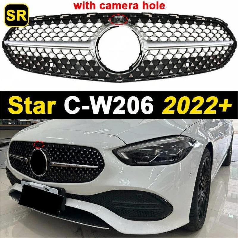 Car Craft Compatible With Mercedes Benz C Class W206 C206 2023 Upgraded Front Bumper Racing Mesh Show Grille With Camera Hole Diamond Silver