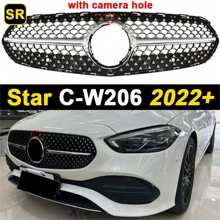 Car Craft Compatible With Mercedes Benz C Class W206 C206 2023 Upgraded Front Bumper Racing Mesh Show Grille With Camera Hole Diamond Silver