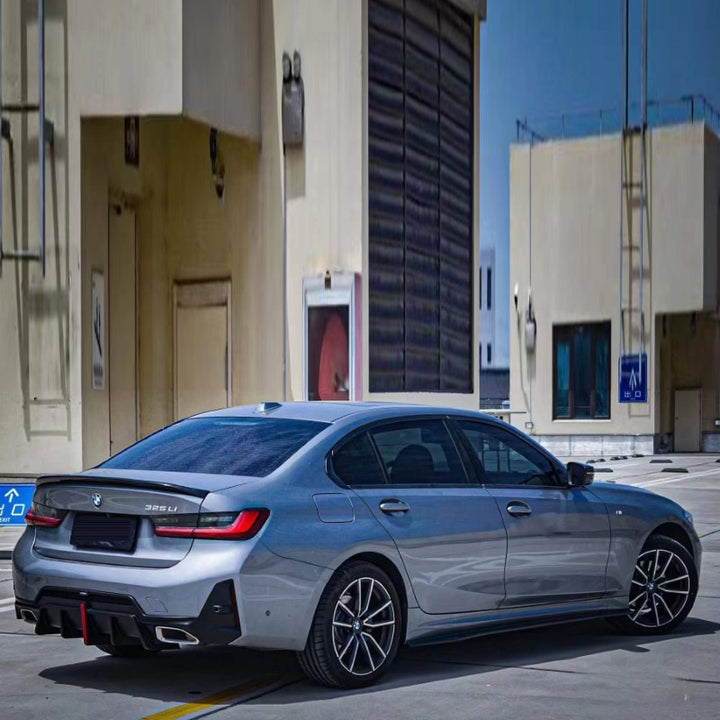 Car Craft Compatible With Bmw 3 Series G20 G28 Lci 2023+ M Sport Rear After Bumper Lip Splitter Skirts With Led Light Diffuser With Exhaust Pipe Tip Carbon Fiber Look - CAR CRAFT INDIA