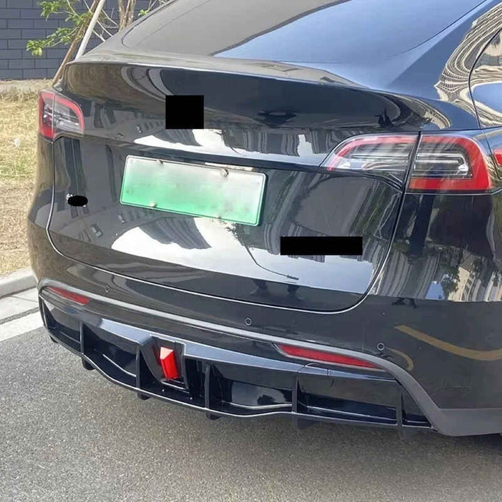Car Craft Compatible With Tesla Modle Y 2017-2026 Rear After Bumper Lip Diffuser Skirt Trim F1 Led Light Style Carbon Fiber Look