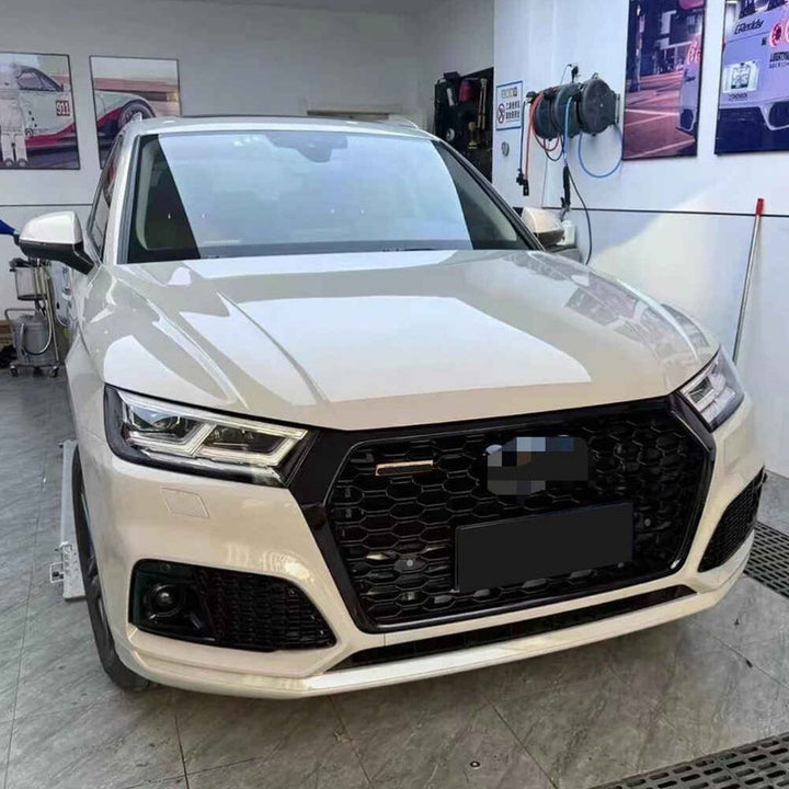 Car Craft Compatible With Audi Q5 B9 2018-2020 Upgraded Front Bumper Show Grill Rsq5 Rs Sport Style Silver Frame Black Mesh All Logo Silver License Plate Eu Version Q5-002 Gc Silver