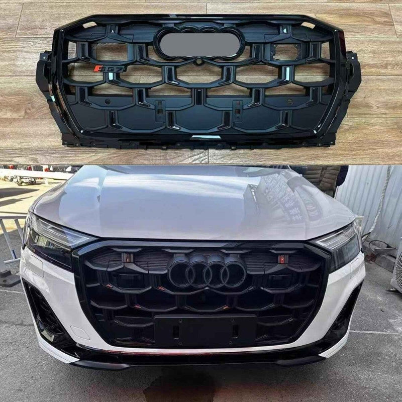 Car Craft Compatible With Audi Q7 2024+ Upgraded Front Bumper Show Grill Rsq7 Rs Sport With Acc Glossy Black Frame Black Strip All Logo Silver License Plate Eu Version Q7-009 Gc