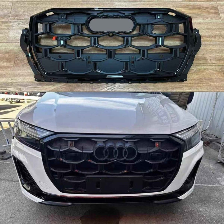 Car Craft Compatible With Audi Q7 2024+ Upgraded Front Bumper Show Grill Rsq7 Rs Sport With Acc Glossy Black Frame Black Strip All Logo Silver License Plate Eu Version Q7-009 Gc