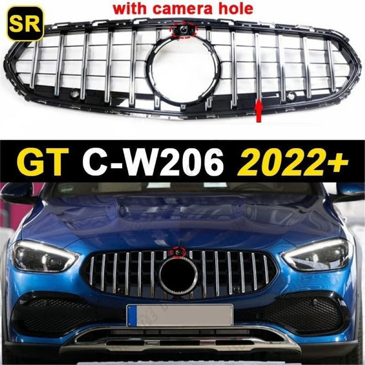 Car Craft Compatible With Mercedes Benz C Class W206 C206 2023 Upgraded Front Bumper Racing Mesh Show Grille With Camera Hole Gtr Silver