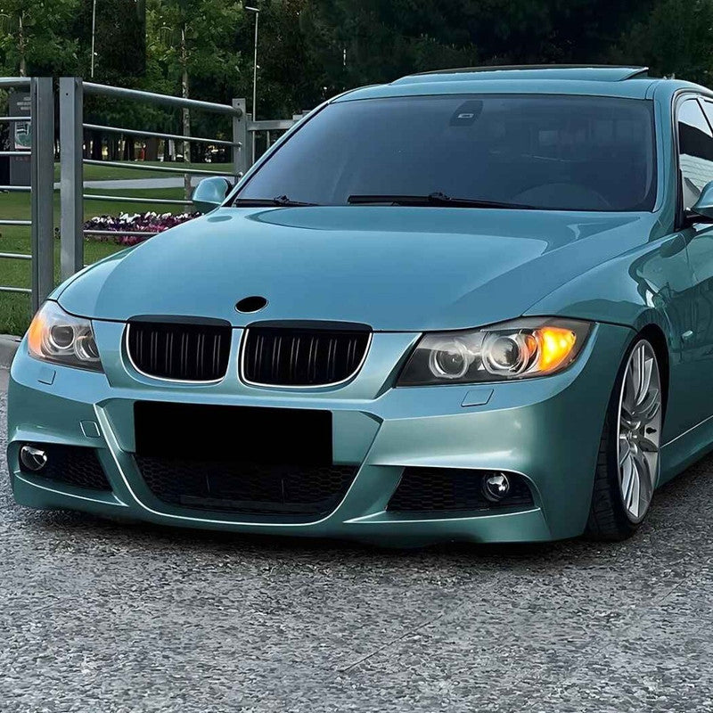 Car Craft Compatible With Bmw 3 Series E90 E91 Pre-facelift 2005-2008 Front Bumper Show Gril Glossy Black Dual Line With Led Light