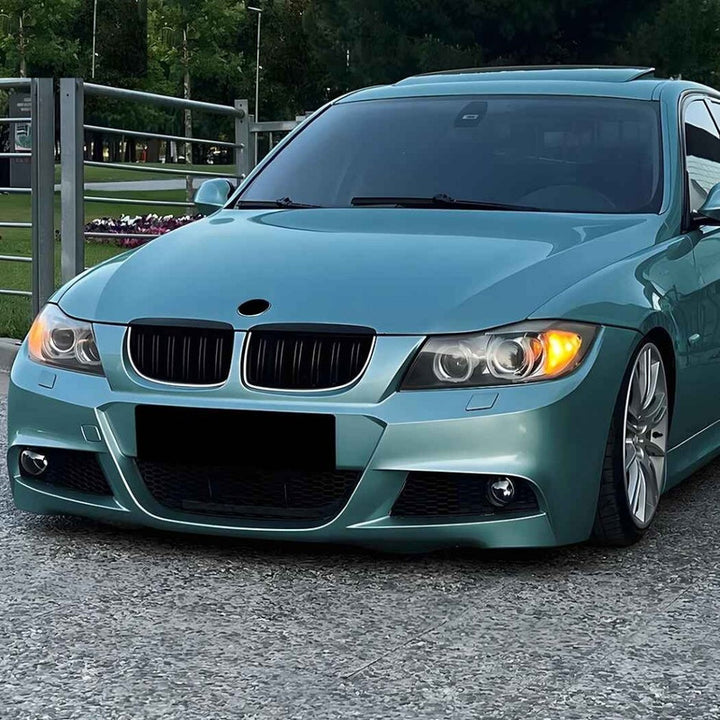Car Craft Compatible With Bmw 3 Series E90 E91 Pre-facelift 2005-2008 Front Bumper Show Gril Glossy Black Single Line With Led Light