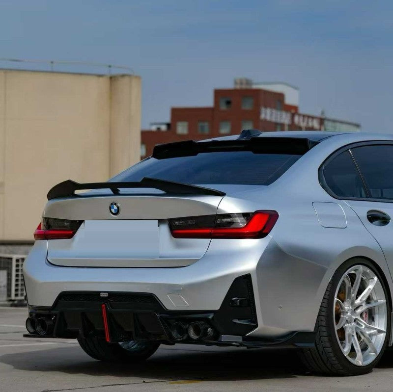 Car Craft Compatible With Bmw 3 Series G20 G28 Lci 2023+ M Sport Rear After Bumper Lip Splitter Skirts With Led Light Diffuser With Exhaust Pipe Tip Carbon Fiber Look - CAR CRAFT INDIA