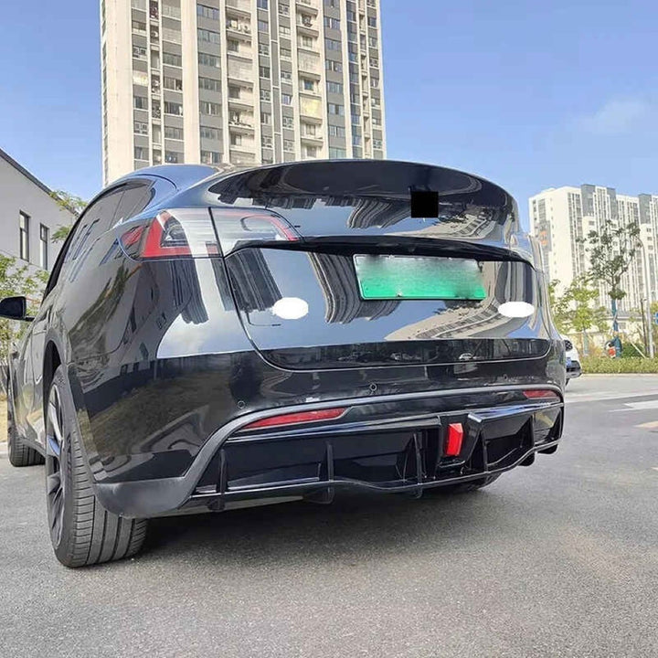 Car Craft Compatible With Tesla Modle Y 2017-2026 Rear After Bumper Lip Diffuser Skirt Trim F1 Led Light Style Carbon Fiber Look