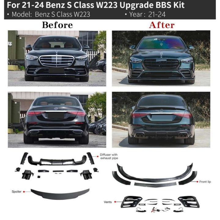 Car Craft Compatible With Mercedes Benz S Class W223 2021-2024 Upgrdae Add On Bodykit Brabus Bbs Style Skirts Splitter Front Rear Lip Diffuser Exhaust Tips Spoiler