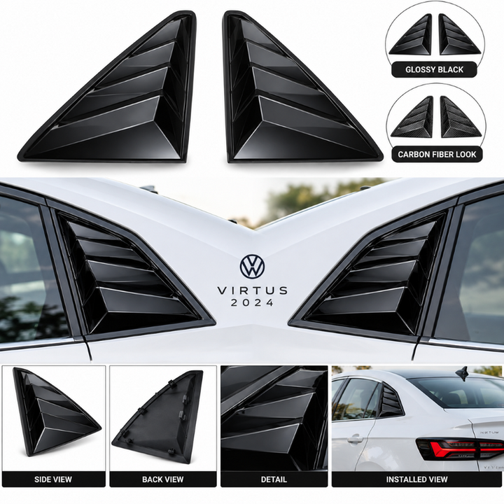 Car Craft Compatible With Volkswagen Vw Virtus 2023-2026 Car Rear Window Shutter Cover Louver Side Vent Trim Triangle Glossy Black