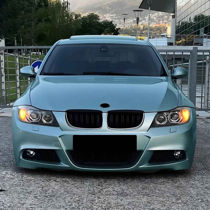 Car Craft Compatible With Bmw 3 Series E90 E91 Pre-facelift 2005-2008 Front Bumper Show Gril Glossy Black Dual Line With Led Light