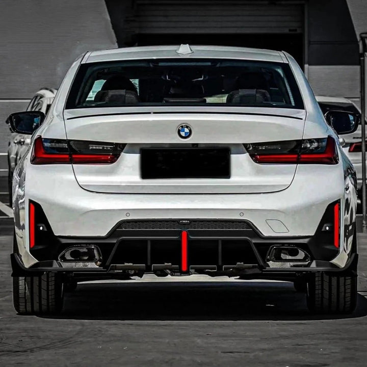 Car Craft Compatible With Bmw 3 Series G20 G28 Lci 2023-2026 M Sport M340i After Rear Bumper Lip Diffuser Splitter Skirts Trim V Ten Vten Style With Led Light - CAR CRAFT INDIA