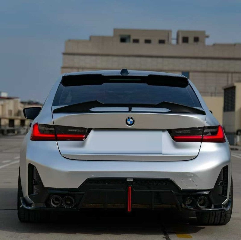 Car Craft Compatible With Bmw 3 Series G20 G28 Lci 2023+ M Sport Rear After Bumper Lip Splitter Skirts With Led Light Diffuser With Exhaust Pipe Tip Carbon Fiber Look - CAR CRAFT INDIA