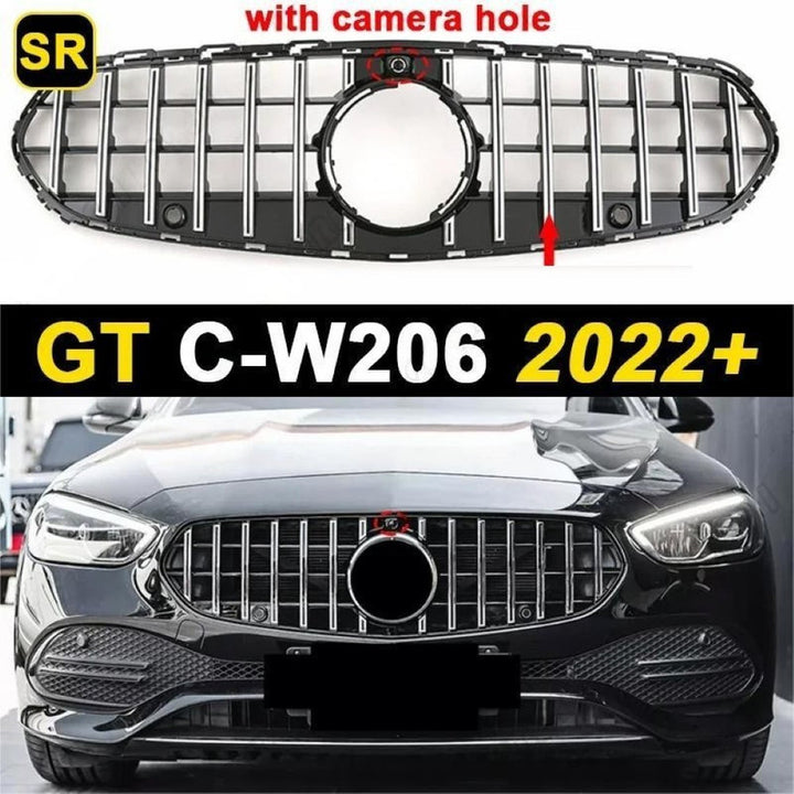 Car Craft Compatible With Mercedes Benz C Class W206 C206 2023 Upgraded Front Bumper Racing Mesh Show Grille With Camera Hole Gtr Silver