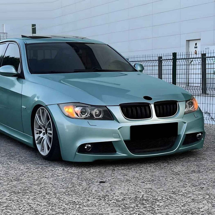 Car Craft Compatible With Bmw 3 Series E90 E91 Pre-facelift 2005-2008 Front Bumper Show Gril Glossy Black Single Line With Led Light