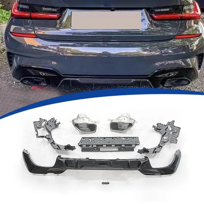 Car Craft Compatible With Bmw 3 Series G20 G28 2019-2022 M340 M330 M Sport M Performance Mp M Tech Bumper Rear After Lip Diffuser Skirt Trim Lip Square With Exhaust Tip Pipe Gc G20/28-006