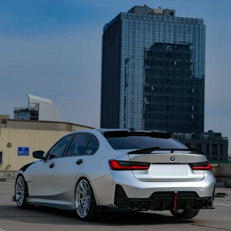 Car Craft Compatible With Bmw 3 Series G20 G28 Lci 2023+ M Sport Rear After Bumper Lip Splitter Skirts With Led Light Diffuser With Exhaust Pipe Tip Carbon Fiber Look - CAR CRAFT INDIA