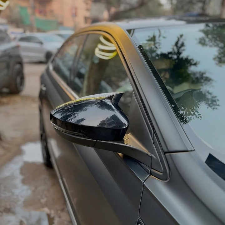 Car Craft Compatible With Volkswagen Vw Virtus 2023-2026 Side Rear View Case Wing Cap Shell Housing Mirror Covers 3m Tape Pasting Style Factroy Style Glossy Black