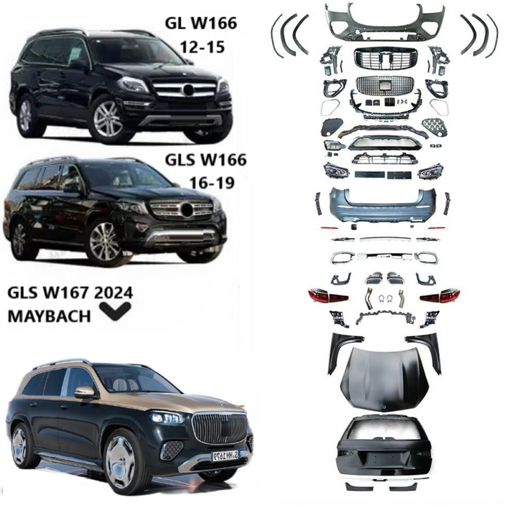 Car Craft Compatible With Mercedes Gl Gls W166 X166 2012-2016 Upgrade Facelift Convert To Gls W167 X167 2024 Maybach Kit Bumper Grill Headlight Taillight Trunk Fender Bodykit Non Cut Version - CAR CRAFT INDIA