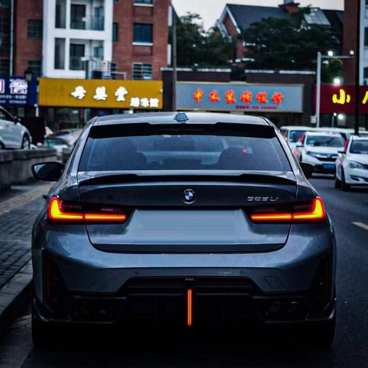 Car Craft Compatible With Bmw 3 Series G20 G28 Lci 2023+ M Sport Rear After Bumper Lip Splitter Skirts With Led Light Diffuser With Exhaust Pipe Tip Carbon Fiber Look - CAR CRAFT INDIA