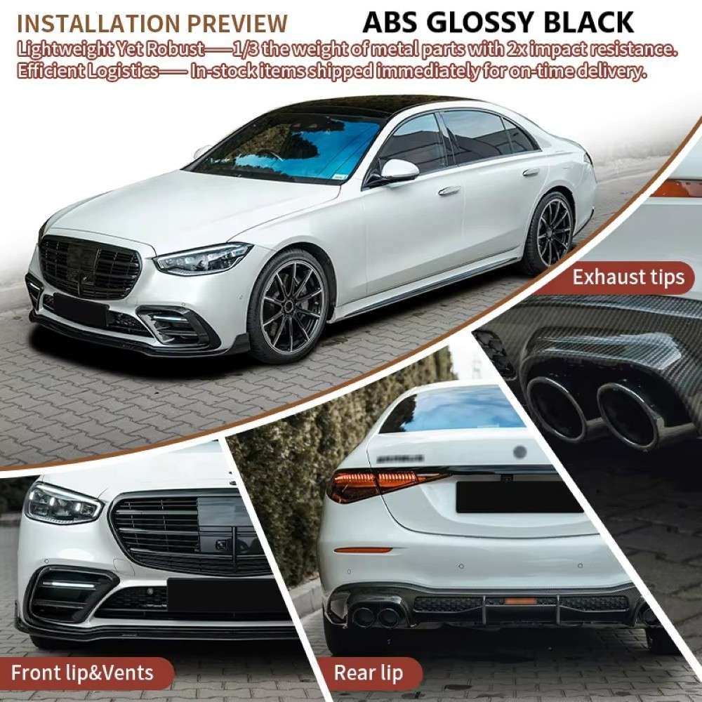 Car Craft Compatible With Mercedes Benz S Class W223 2021-2024 Upgrdae Add On Bodykit Brabus Bbs Style Skirts Splitter Front Rear Lip Diffuser Exhaust Tips Spoiler