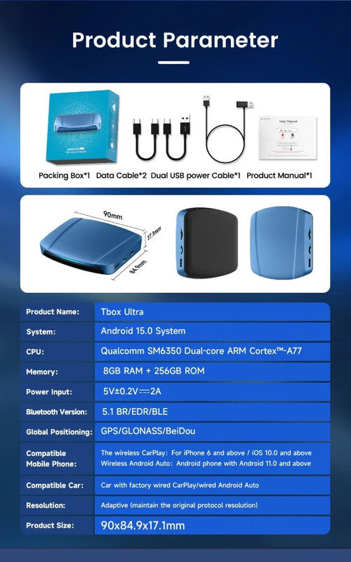 Car Craft Compatible With Bmw Mercedes Audi Porsch Jaguar Suzuki Toyota Android 15 Carplay Ai Box 8-core Android Auto Wireless Apple Carplay Split Screen Smart Streaming Tv Box Hdmi Player 8gb+256gb