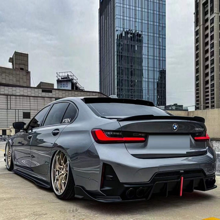 Car Craft Compatible With Bmw 3 Series G20 G28 Lci 2023+ M Sport Rear After Bumper Lip Splitter Skirts With Led Light Diffuser With Exhaust Pipe Tip Glossy Black - CAR CRAFT INDIA