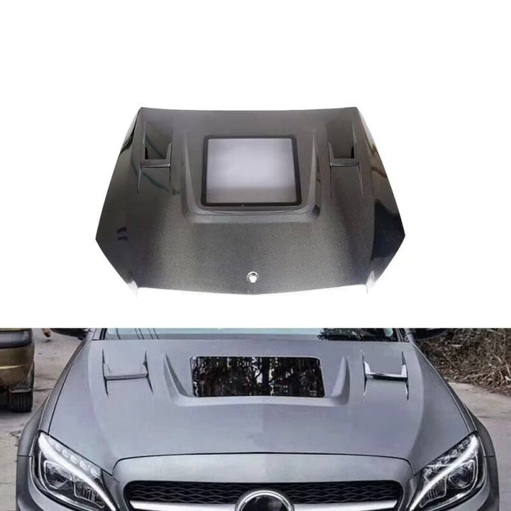 W205 C63 Carbon Fiber Engine Hood With Glass Vents For Mercedes Benz C205 C300 C400 C450 C43 C63 AMG 15-19