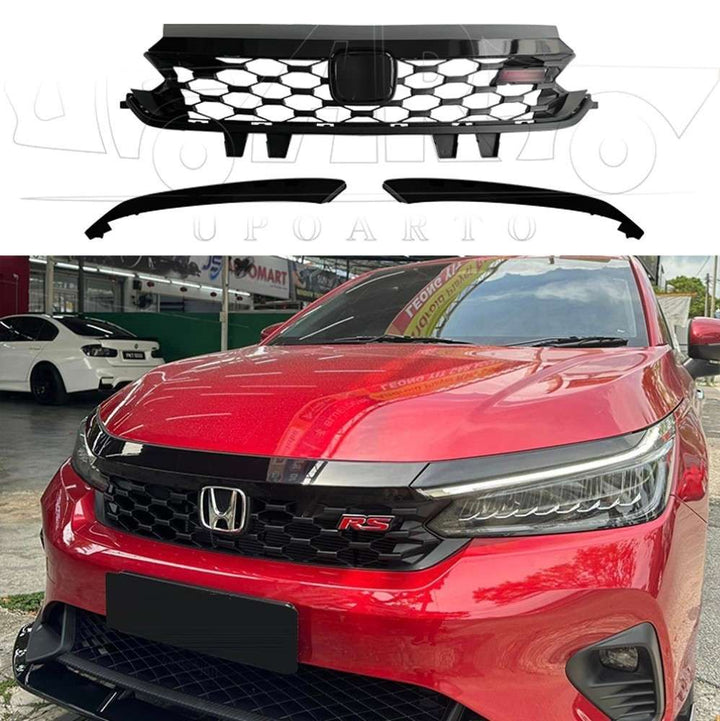 Car Craft Compatible With Honda City Rs 2023+ Front Bumper Upper Show Grille With Headlight Lamp Eyebrow Trim Splitter Honeycomb Ar-honda-0130 Glossy Black - CAR CRAFT INDIA