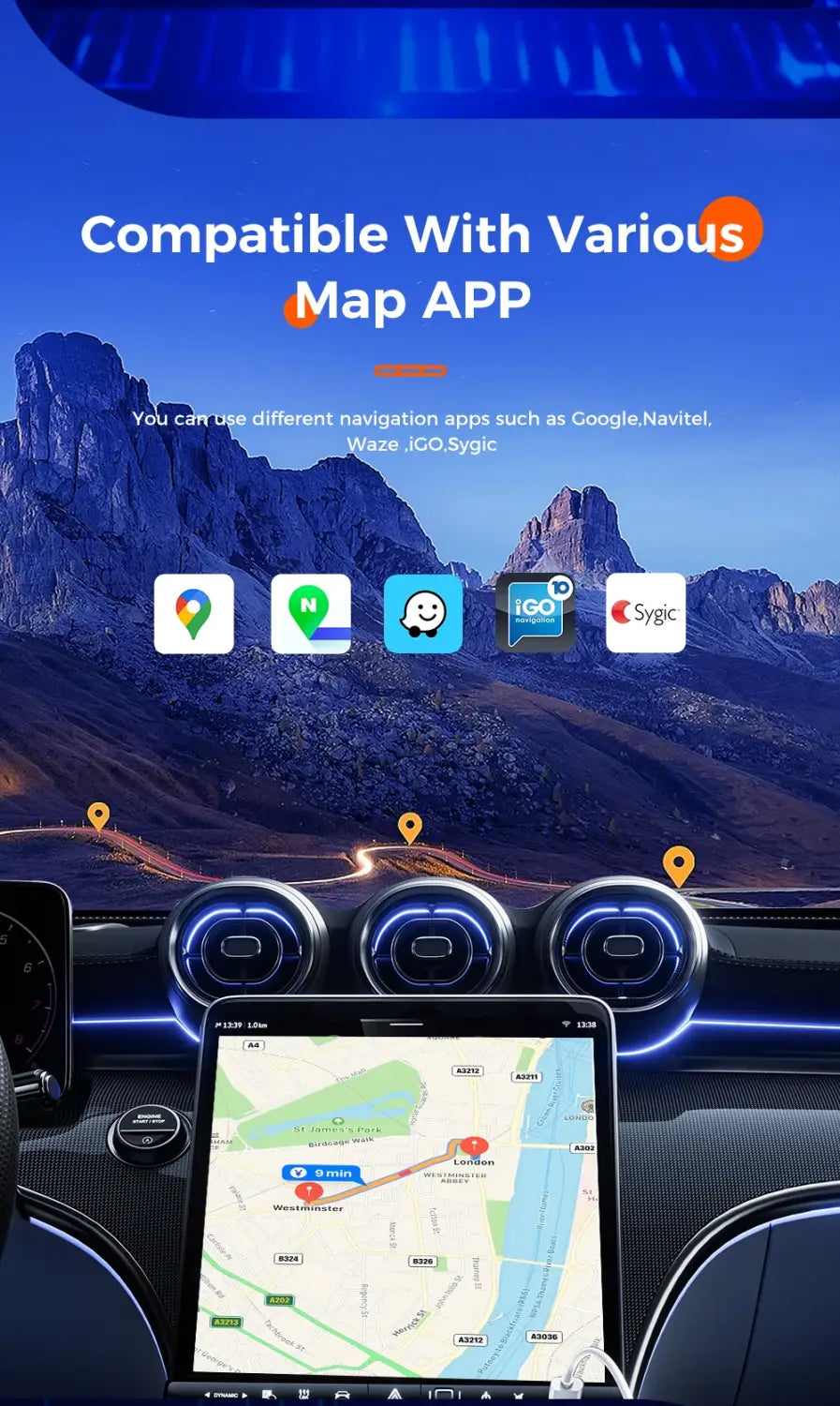 Wireless Carplay Tesla Style Android12 Car GPS Navigation