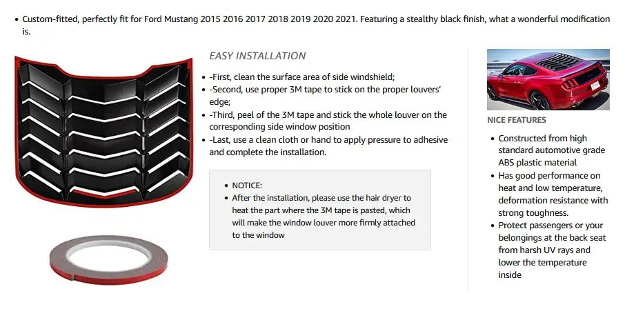 Auto Rear Window Louver for Ford Mustang 2015 - 2023