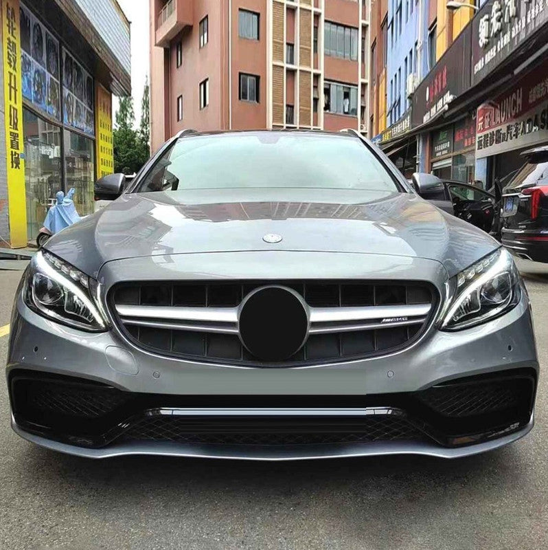 Car Craft Compatible With Mercedes Benz C Class W205 C205 Coupe 2015-2018 Upgrade Front Bumper Amg C63 Show Grill With Camera Hole Amg Silver Chrome Gc W205/c205-001 W Hole