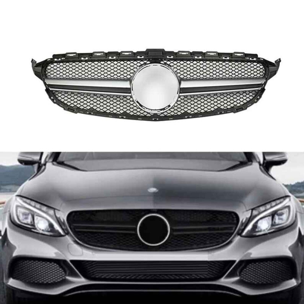 Car Craft Compatible With Mercedes Benz C Class W205 C205 Coupe 2015-2018 Upgrade Front Bumper Amg C63 Show Grill With Camera Hole Amg Silver Chrome Gc W205/c205-001 W Hole
