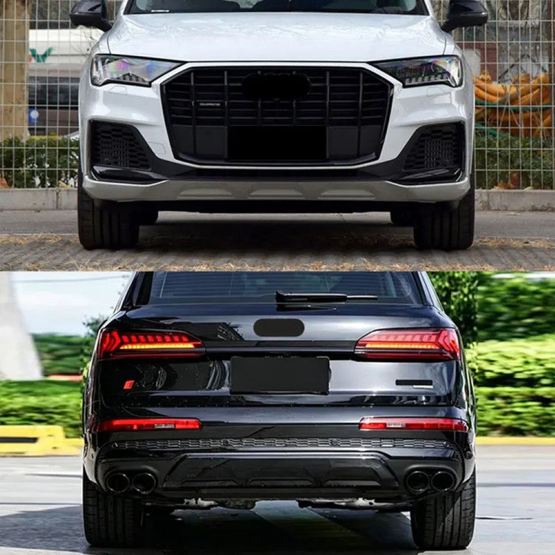 Car Craft Compatible With Audi Q7 2021-2023 Upgraded Rsq7 Sq7 Front Bumper Show Grill Rear After Lip Bumper Diffuser With Acc Glossy Black Frame Black Strip All Logo Silver Rear Lip Black Q7-005 Gc