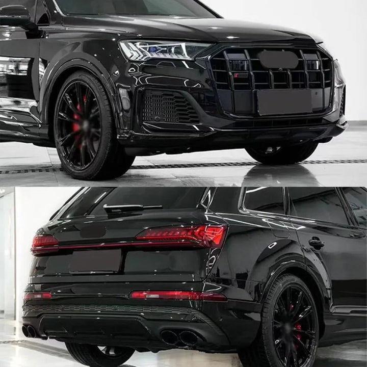 Car Craft Compatible With Audi Q7 2021-2023 Upgraded Rsq7 Sq7 Front Bumper Show Grill Rear After Lip Bumper Diffuser With Acc Glossy Black Frame Black Strip All Logo Silver Rear Lip Black Q7-005 Gc