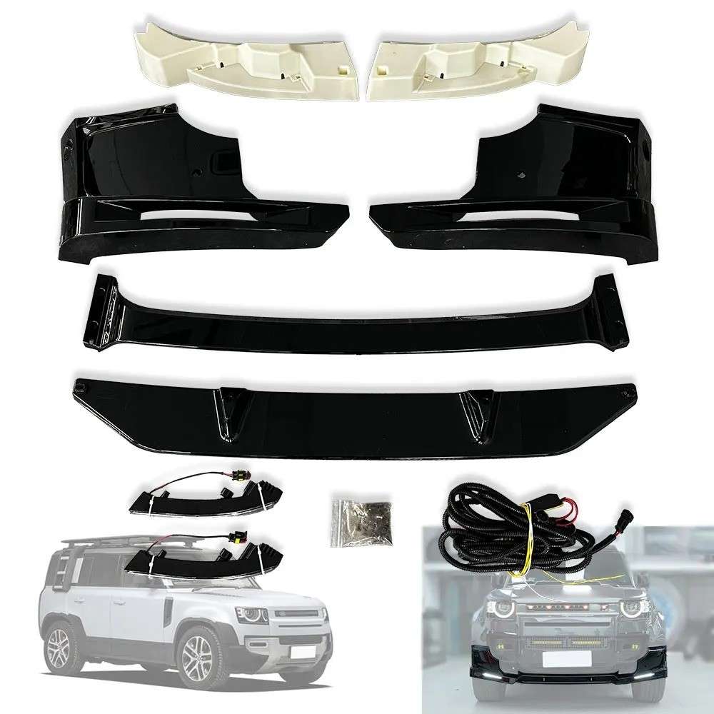 Car Craft Compatible With Range Land Rover Defender 110 90 130 2020+ Front Bumper Lip Splitter Skirts Lower Protector Glossy Black Led